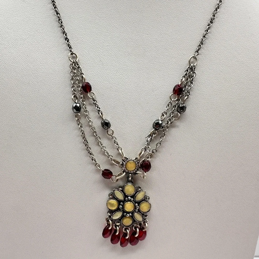 Vintage 20s Yellow Flower Pendant Silver Tone Multi-Strand‎ Necklace Jewelry